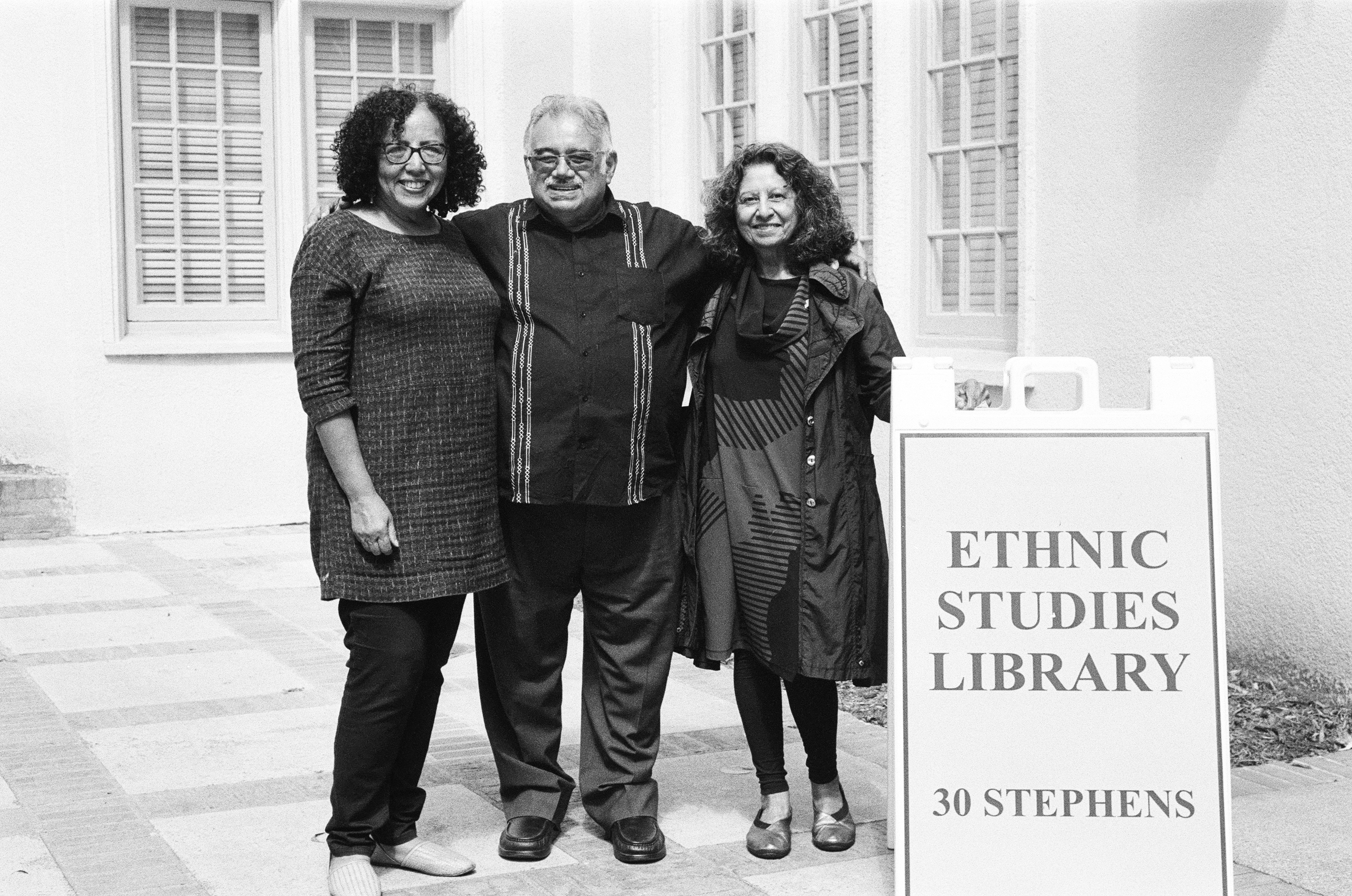 Purita Mesa, Richard Chabran, Lillian Castillo-Speed. Outside Ethnic Studies Library, September 2023